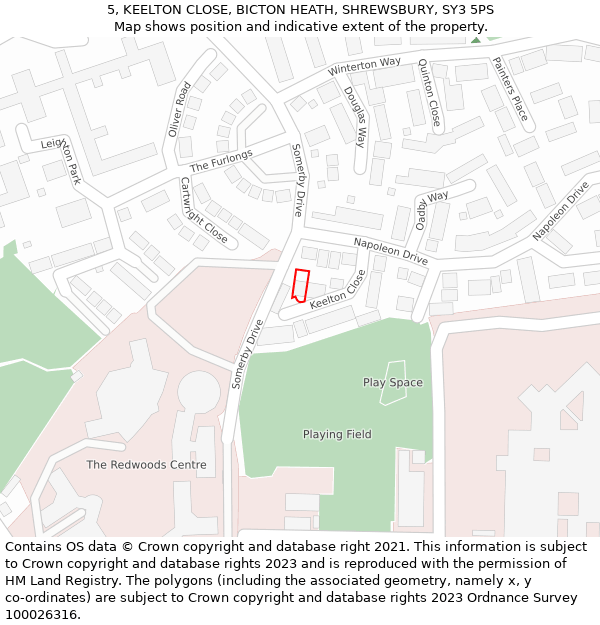 5, KEELTON CLOSE, BICTON HEATH, SHREWSBURY, SY3 5PS: Location map and indicative extent of plot