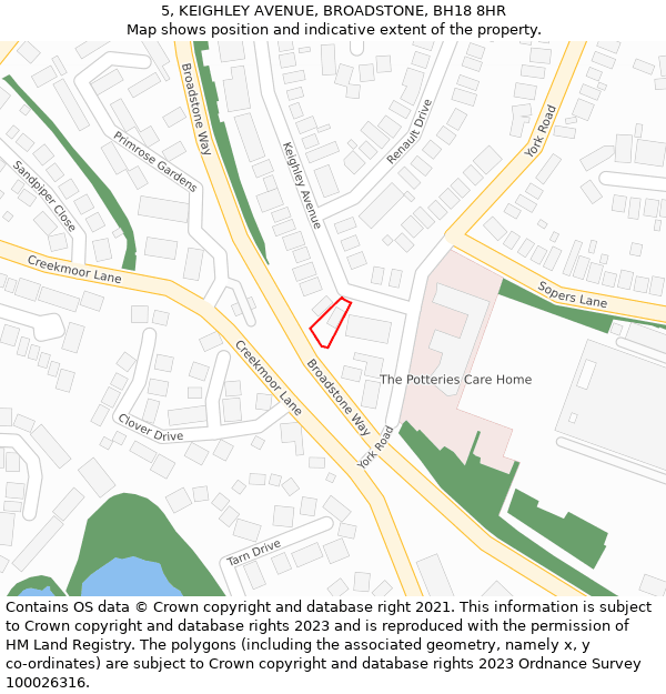 5, KEIGHLEY AVENUE, BROADSTONE, BH18 8HR: Location map and indicative extent of plot