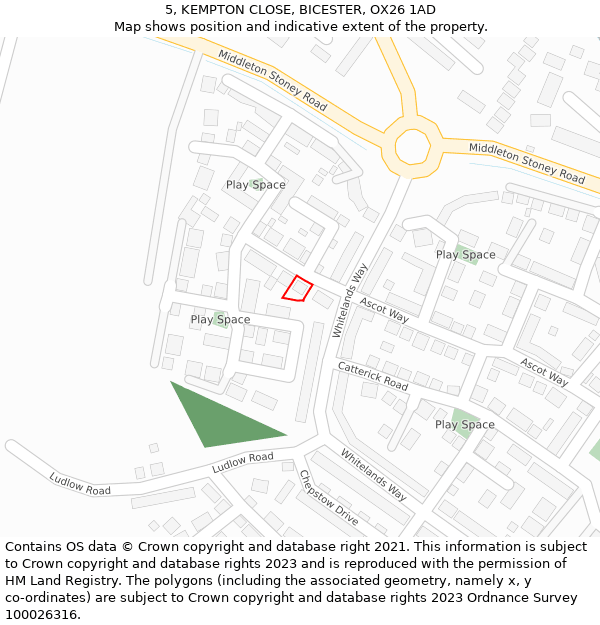 5, KEMPTON CLOSE, BICESTER, OX26 1AD: Location map and indicative extent of plot