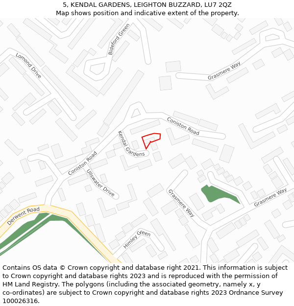 5, KENDAL GARDENS, LEIGHTON BUZZARD, LU7 2QZ: Location map and indicative extent of plot