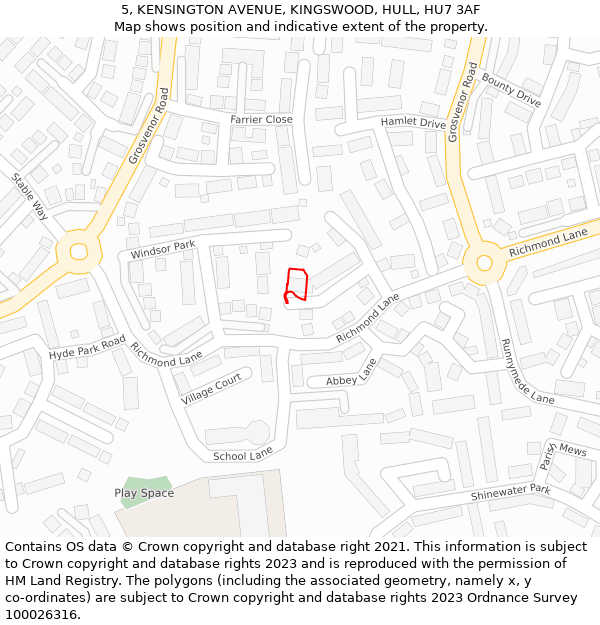 5, KENSINGTON AVENUE, KINGSWOOD, HULL, HU7 3AF: Location map and indicative extent of plot