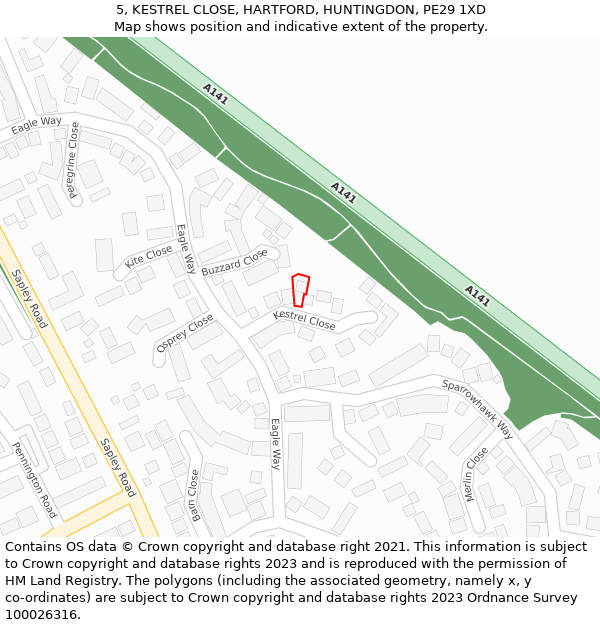 5, KESTREL CLOSE, HARTFORD, HUNTINGDON, PE29 1XD: Location map and indicative extent of plot