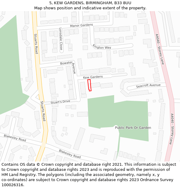 5, KEW GARDENS, BIRMINGHAM, B33 8UU: Location map and indicative extent of plot