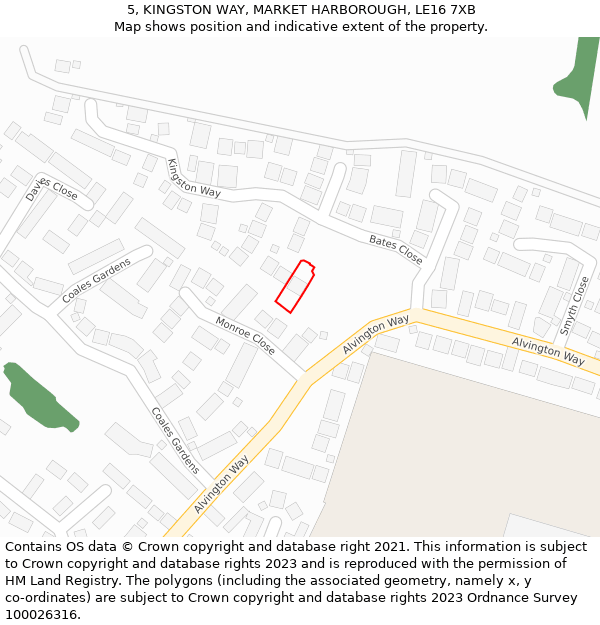 5, KINGSTON WAY, MARKET HARBOROUGH, LE16 7XB: Location map and indicative extent of plot
