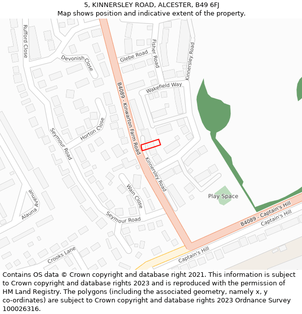 5, KINNERSLEY ROAD, ALCESTER, B49 6FJ: Location map and indicative extent of plot