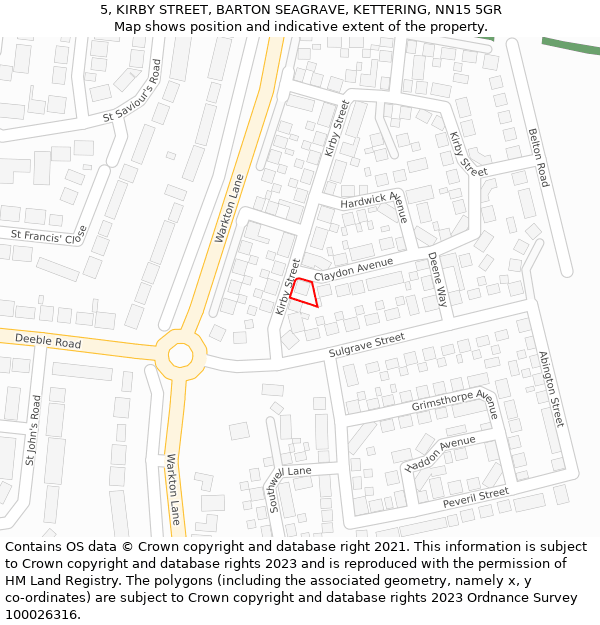 5, KIRBY STREET, BARTON SEAGRAVE, KETTERING, NN15 5GR: Location map and indicative extent of plot