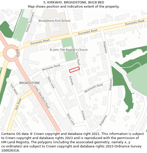 5, KIRKWAY, BROADSTONE, BH18 8ED: Location map and indicative extent of plot