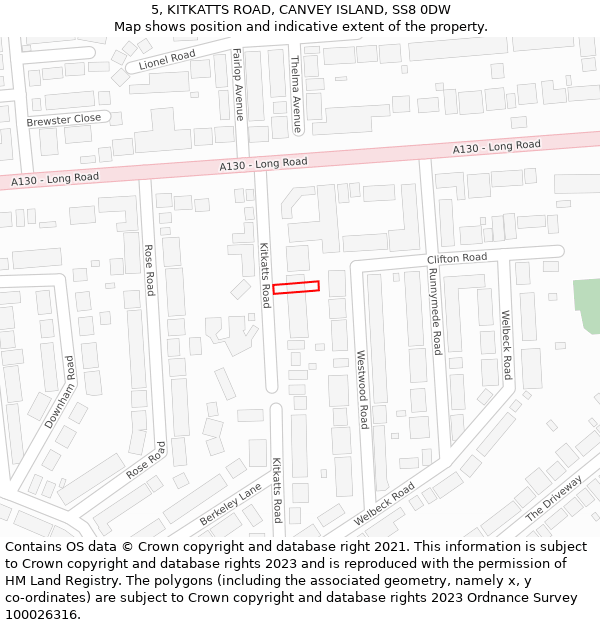 5, KITKATTS ROAD, CANVEY ISLAND, SS8 0DW: Location map and indicative extent of plot