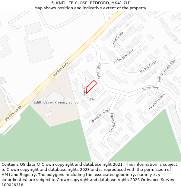 5, KNELLER CLOSE, BEDFORD, MK41 7LP: Location map and indicative extent of plot