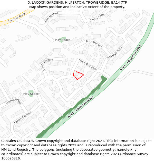 5, LACOCK GARDENS, HILPERTON, TROWBRIDGE, BA14 7TF: Location map and indicative extent of plot