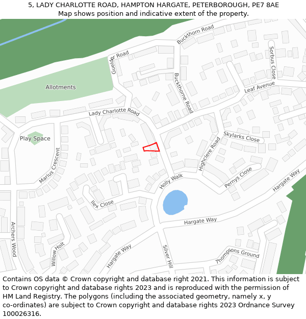 5, LADY CHARLOTTE ROAD, HAMPTON HARGATE, PETERBOROUGH, PE7 8AE: Location map and indicative extent of plot