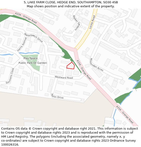 5, LAKE FARM CLOSE, HEDGE END, SOUTHAMPTON, SO30 4SB: Location map and indicative extent of plot