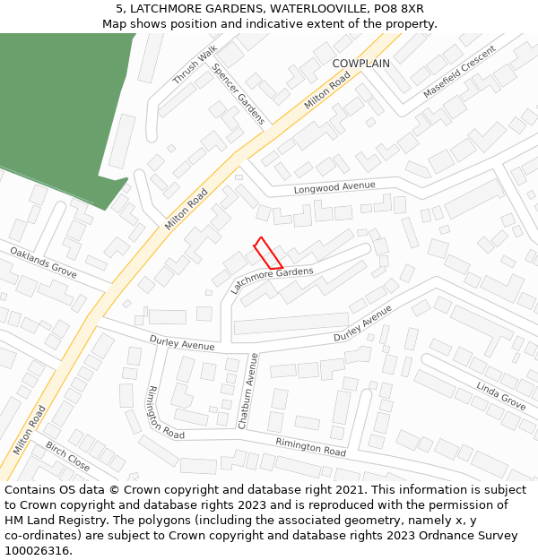 5, LATCHMORE GARDENS, WATERLOOVILLE, PO8 8XR: Location map and indicative extent of plot
