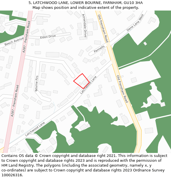 5, LATCHWOOD LANE, LOWER BOURNE, FARNHAM, GU10 3HA: Location map and indicative extent of plot