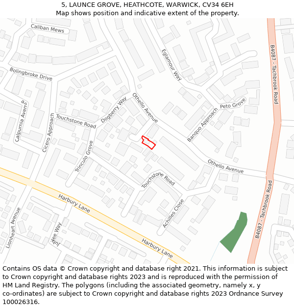 5, LAUNCE GROVE, HEATHCOTE, WARWICK, CV34 6EH: Location map and indicative extent of plot