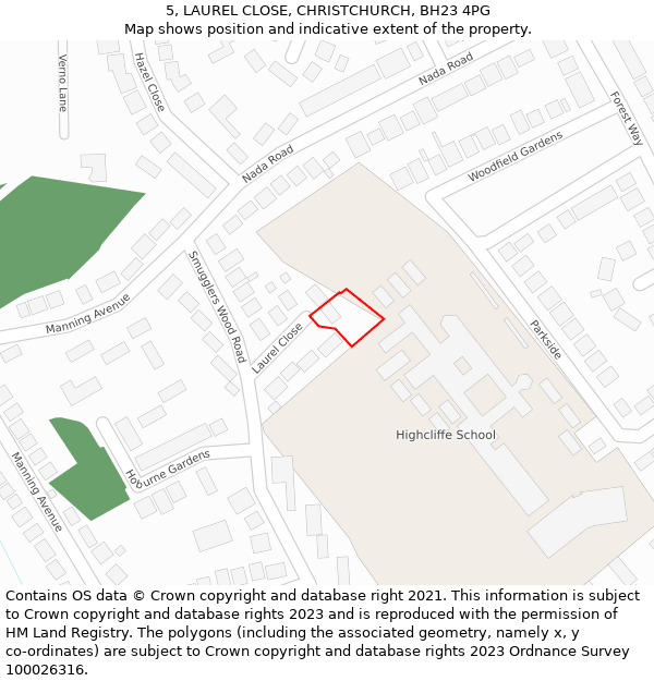 5, LAUREL CLOSE, CHRISTCHURCH, BH23 4PG: Location map and indicative extent of plot