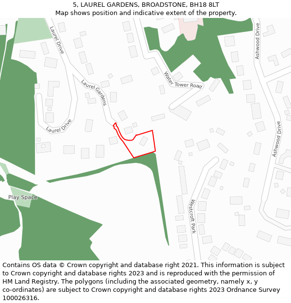 5, LAUREL GARDENS, BROADSTONE, BH18 8LT: Location map and indicative extent of plot