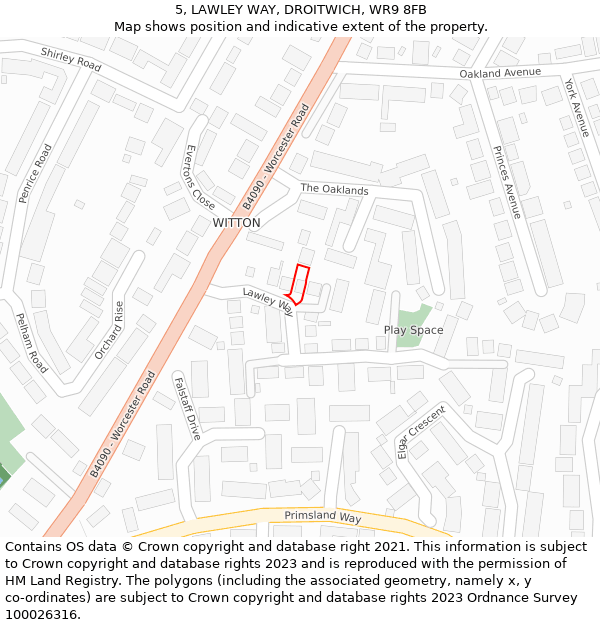 5, LAWLEY WAY, DROITWICH, WR9 8FB: Location map and indicative extent of plot