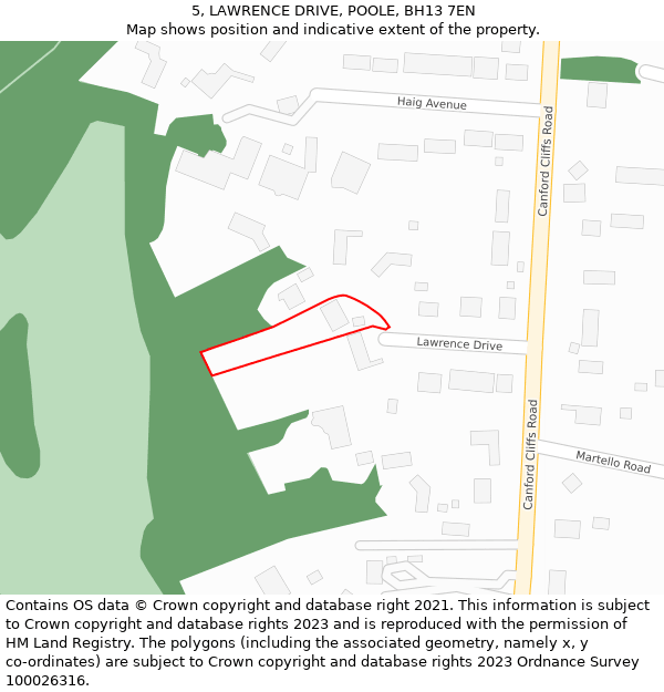 5, LAWRENCE DRIVE, POOLE, BH13 7EN: Location map and indicative extent of plot