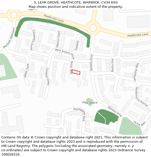 5, LEAR GROVE, HEATHCOTE, WARWICK, CV34 6XG: Location map and indicative extent of plot