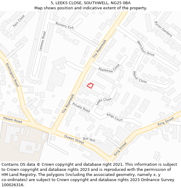 5, LEEKS CLOSE, SOUTHWELL, NG25 0BA: Location map and indicative extent of plot