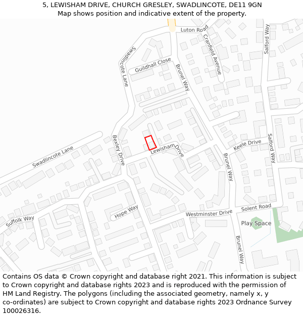 5, LEWISHAM DRIVE, CHURCH GRESLEY, SWADLINCOTE, DE11 9GN: Location map and indicative extent of plot