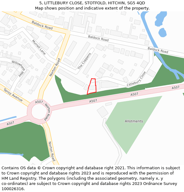 5, LITTLEBURY CLOSE, STOTFOLD, HITCHIN, SG5 4QD: Location map and indicative extent of plot