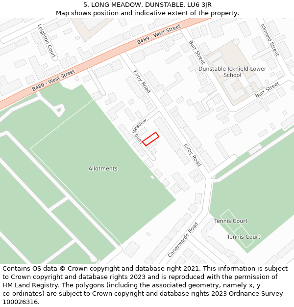 5, LONG MEADOW, DUNSTABLE, LU6 3JR: Location map and indicative extent of plot