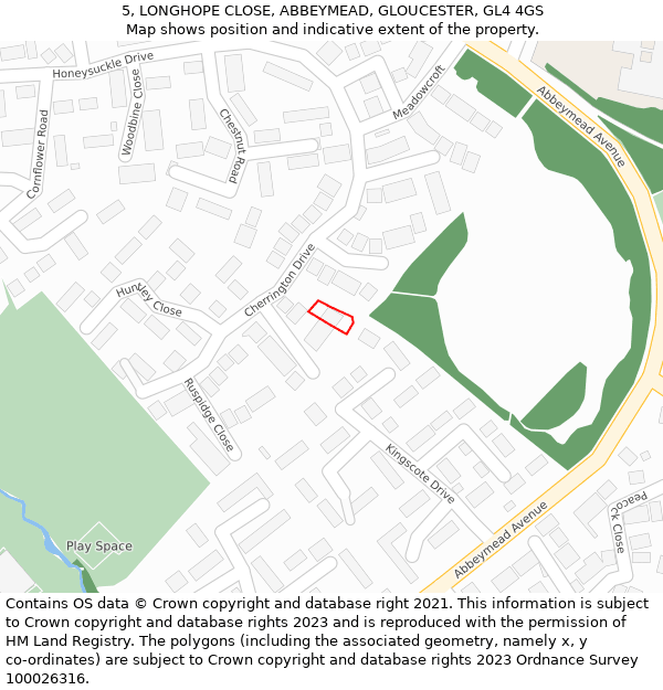 5, LONGHOPE CLOSE, ABBEYMEAD, GLOUCESTER, GL4 4GS: Location map and indicative extent of plot