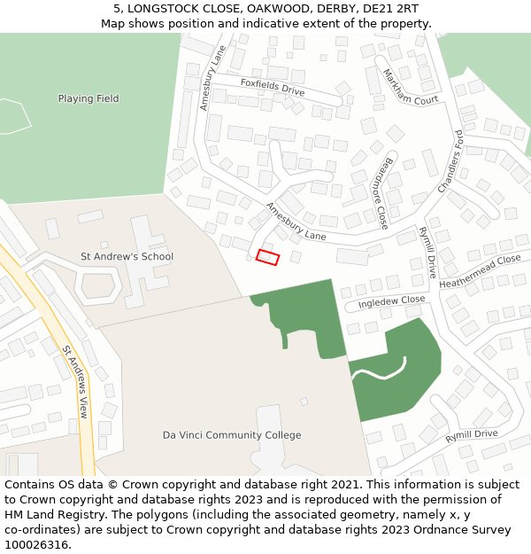 5, LONGSTOCK CLOSE, OAKWOOD, DERBY, DE21 2RT: Location map and indicative extent of plot