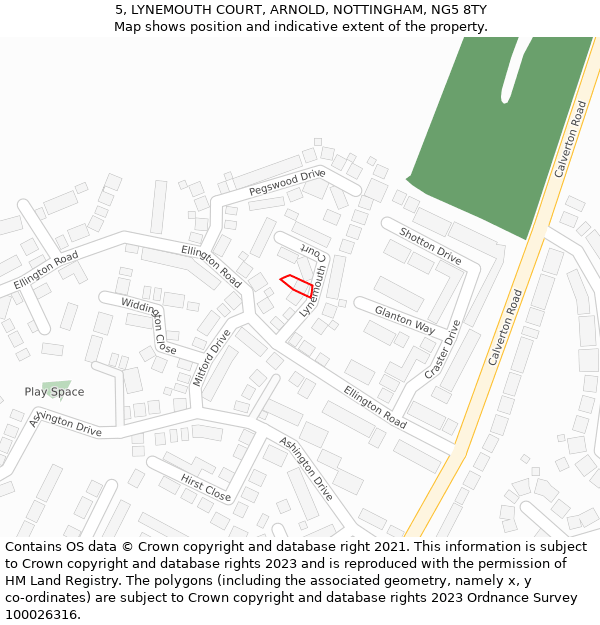 5, LYNEMOUTH COURT, ARNOLD, NOTTINGHAM, NG5 8TY: Location map and indicative extent of plot