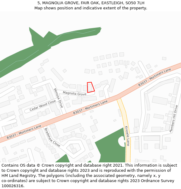 5, MAGNOLIA GROVE, FAIR OAK, EASTLEIGH, SO50 7LH: Location map and indicative extent of plot