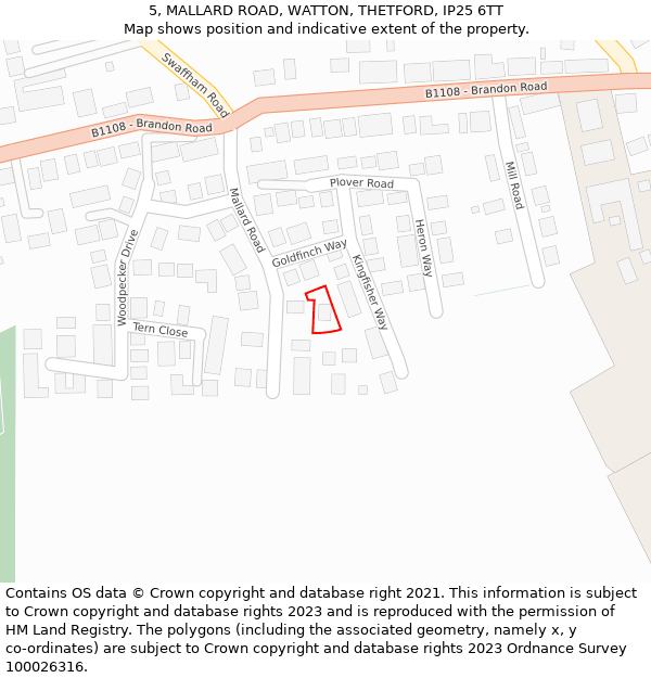 5, MALLARD ROAD, WATTON, THETFORD, IP25 6TT: Location map and indicative extent of plot