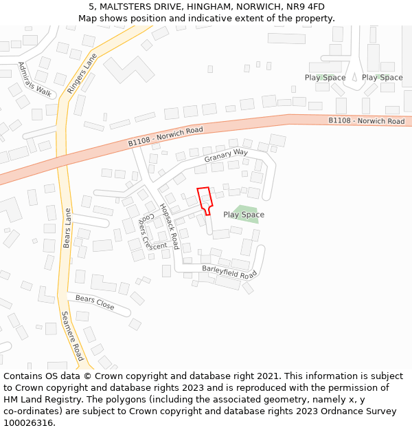 5, MALTSTERS DRIVE, HINGHAM, NORWICH, NR9 4FD: Location map and indicative extent of plot