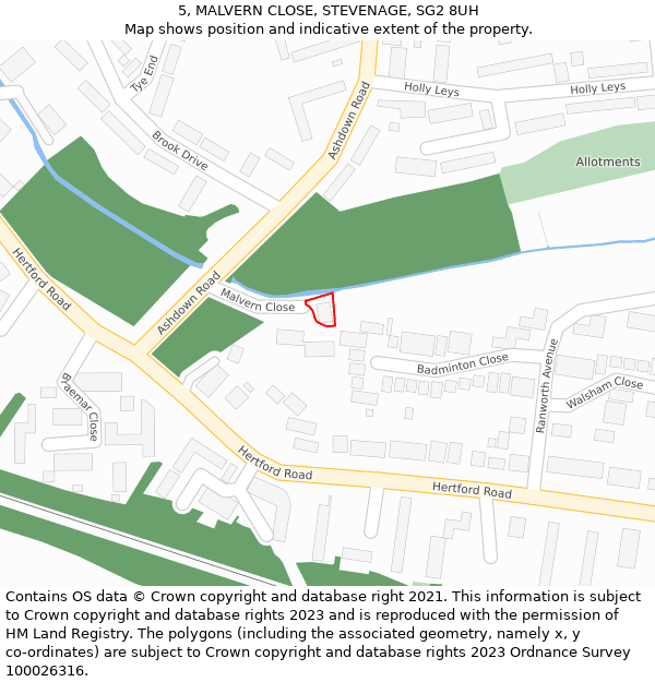 5, MALVERN CLOSE, STEVENAGE, SG2 8UH: Location map and indicative extent of plot