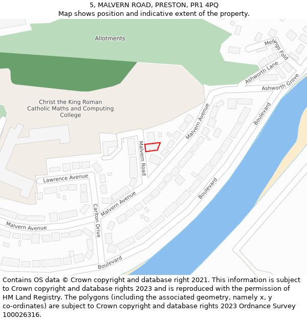 5, MALVERN ROAD, PRESTON, PR1 4PQ: Location map and indicative extent of plot