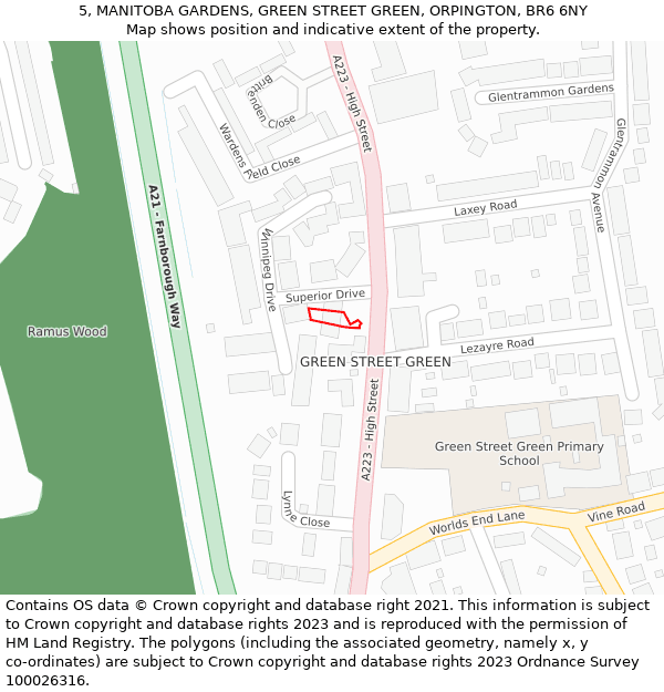 5, MANITOBA GARDENS, GREEN STREET GREEN, ORPINGTON, BR6 6NY: Location map and indicative extent of plot