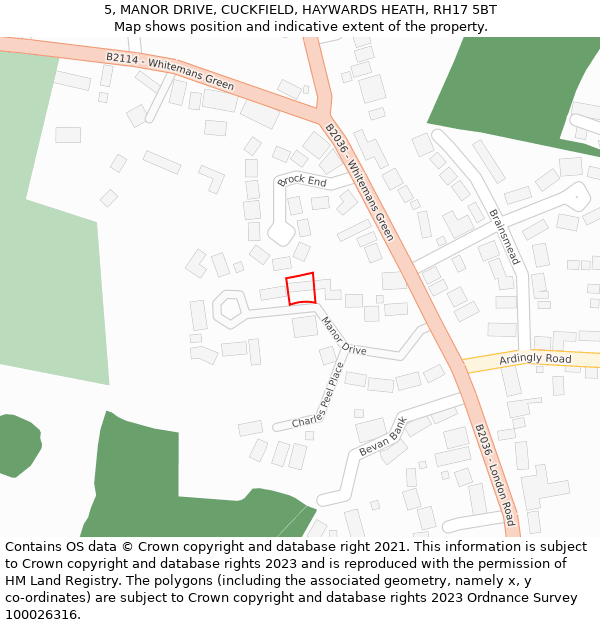 5, MANOR DRIVE, CUCKFIELD, HAYWARDS HEATH, RH17 5BT: Location map and indicative extent of plot