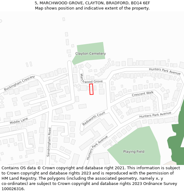 5, MARCHWOOD GROVE, CLAYTON, BRADFORD, BD14 6EF: Location map and indicative extent of plot