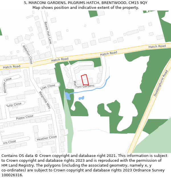 5, MARCONI GARDENS, PILGRIMS HATCH, BRENTWOOD, CM15 9QY: Location map and indicative extent of plot