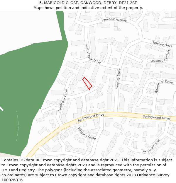5, MARIGOLD CLOSE, OAKWOOD, DERBY, DE21 2SE: Location map and indicative extent of plot