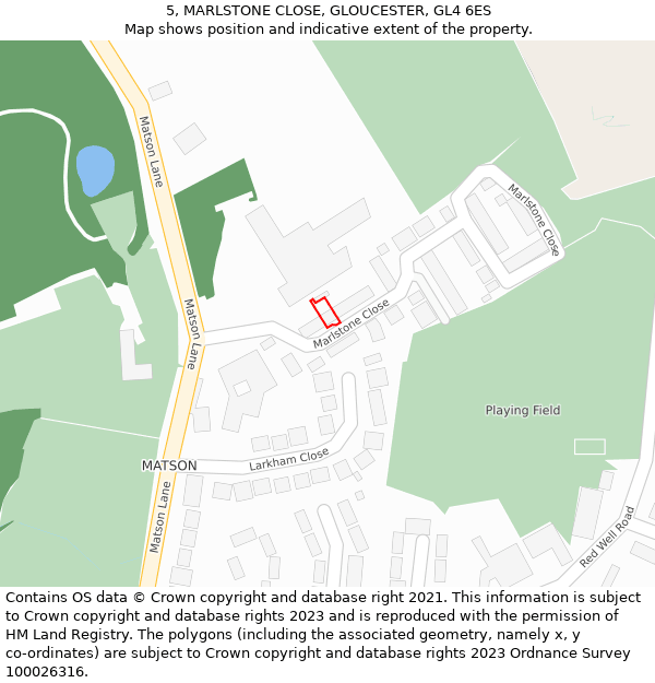5, MARLSTONE CLOSE, GLOUCESTER, GL4 6ES: Location map and indicative extent of plot