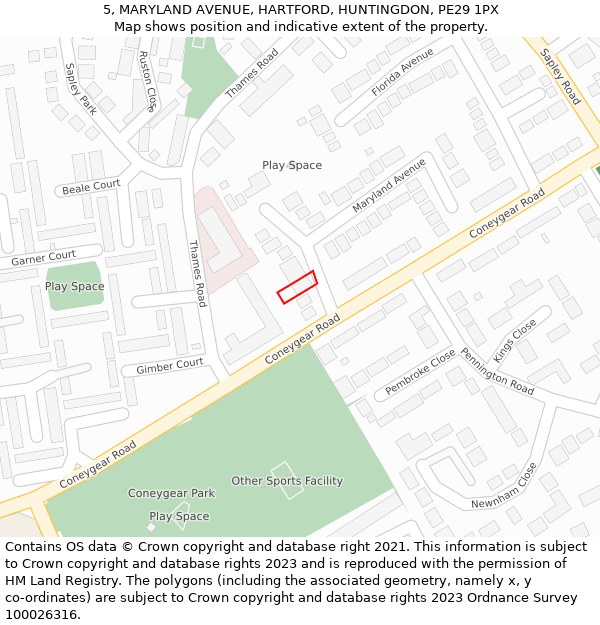 5, MARYLAND AVENUE, HARTFORD, HUNTINGDON, PE29 1PX: Location map and indicative extent of plot