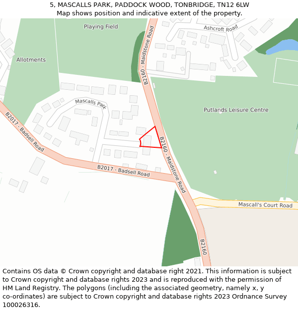 5, MASCALLS PARK, PADDOCK WOOD, TONBRIDGE, TN12 6LW: Location map and indicative extent of plot