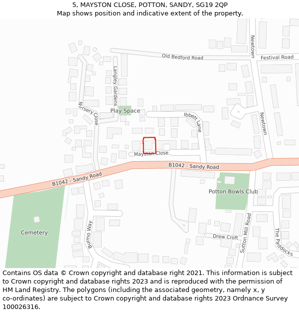 5, MAYSTON CLOSE, POTTON, SANDY, SG19 2QP: Location map and indicative extent of plot