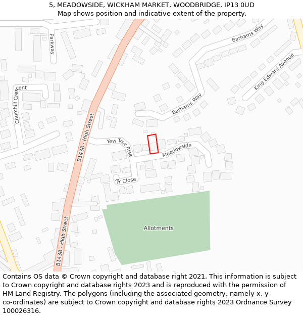 5, MEADOWSIDE, WICKHAM MARKET, WOODBRIDGE, IP13 0UD: Location map and indicative extent of plot