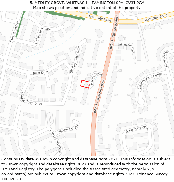 5, MEDLEY GROVE, WHITNASH, LEAMINGTON SPA, CV31 2GA: Location map and indicative extent of plot