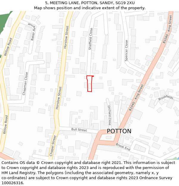 5, MEETING LANE, POTTON, SANDY, SG19 2XU: Location map and indicative extent of plot