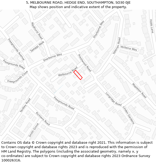 5, MELBOURNE ROAD, HEDGE END, SOUTHAMPTON, SO30 0JE: Location map and indicative extent of plot