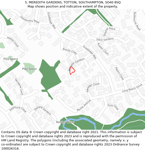 5, MEREDITH GARDENS, TOTTON, SOUTHAMPTON, SO40 8SQ: Location map and indicative extent of plot